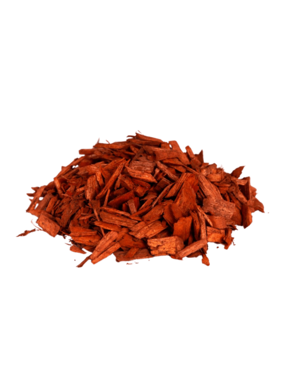 A product picture of Mulches and More's Red Dyed Woodchip mulch.